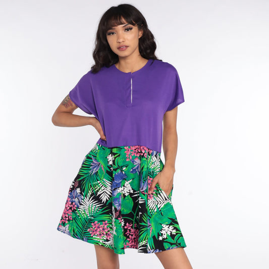 80s Tropical Floral Mini Dress Purple Bodice High Waisted Cap Sleeve Medium