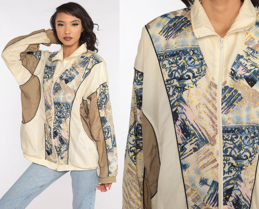 90s Windbreaker Jacket Cream Abstract Print Nylon Extra Large XL