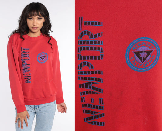 90s Newport Beach California Sweatshirt Red Graphic Crewneck Medium