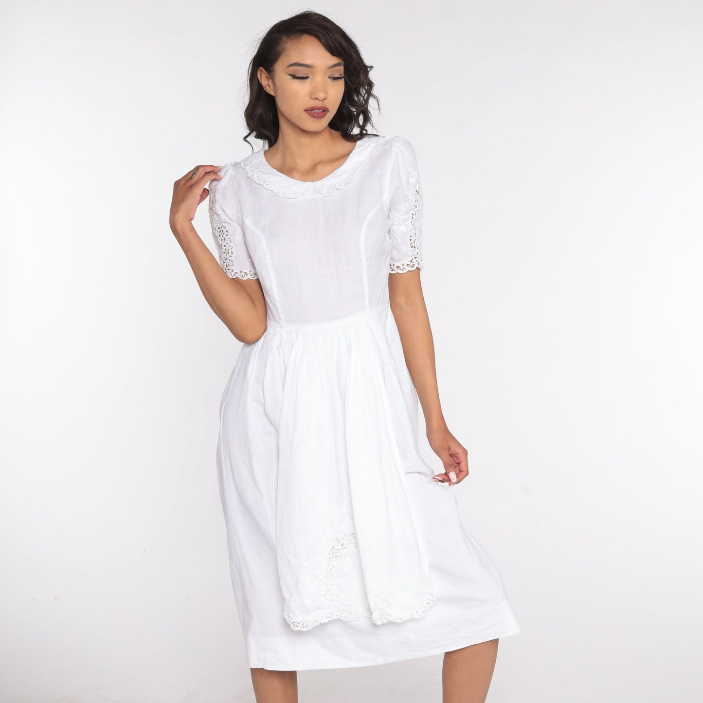 1970s White Linen Cotton Midi Dress Peter Pan Collar Puff Sleeve Small