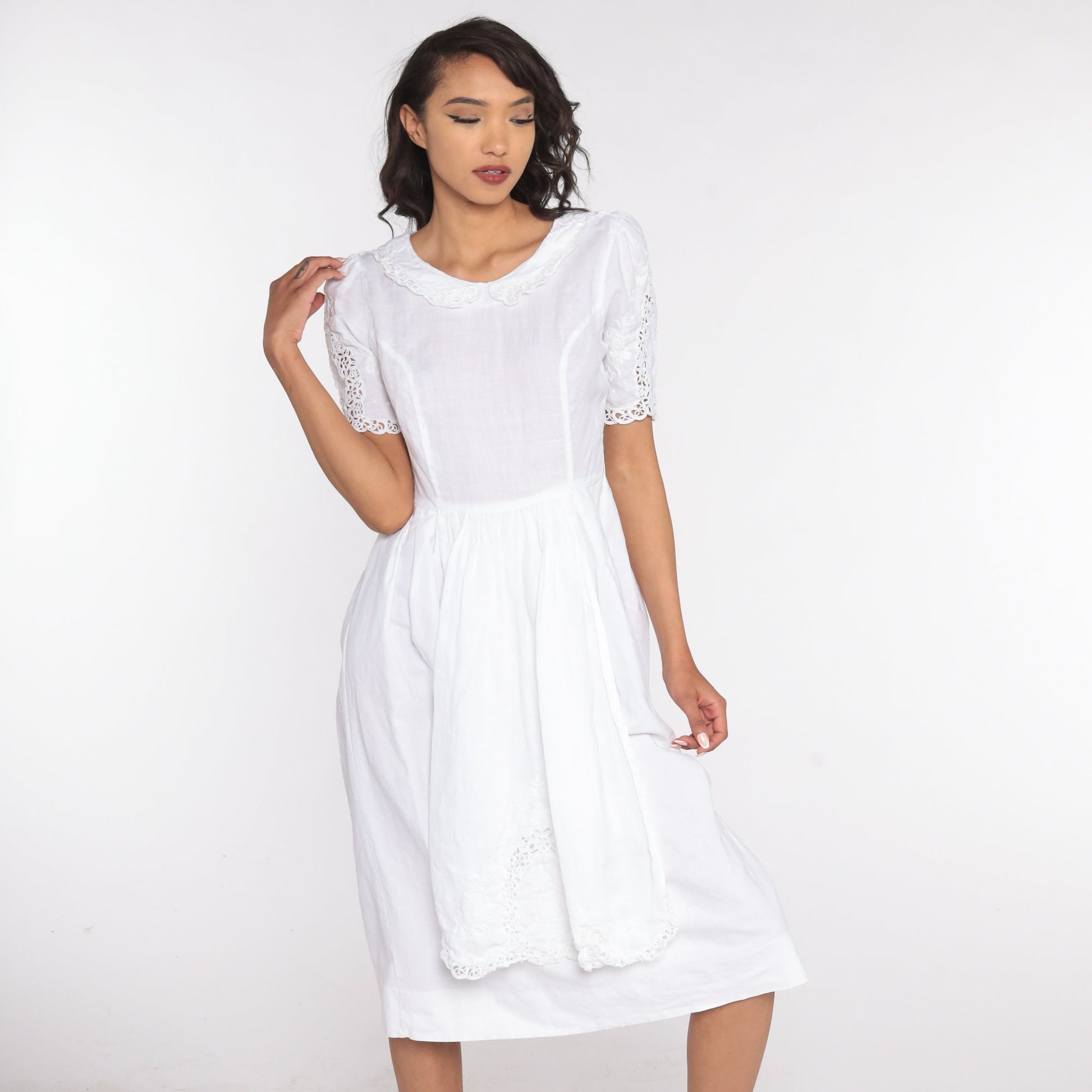 1970s White Linen Cotton Midi Dress Peter Pan Collar Puff Sleeve Small
