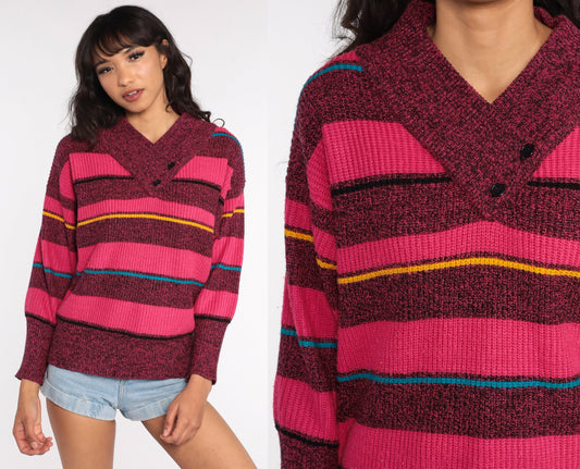 80s Gitano Striped V-Neck Sweater Hot Pink Pullover Medium