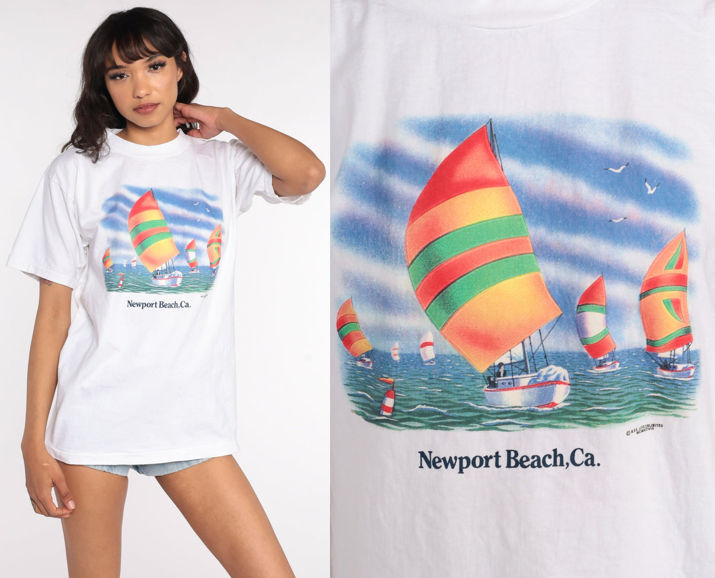 90s Newport Beach Sailboat Graphic T-Shirt California Cotton Tee Medium