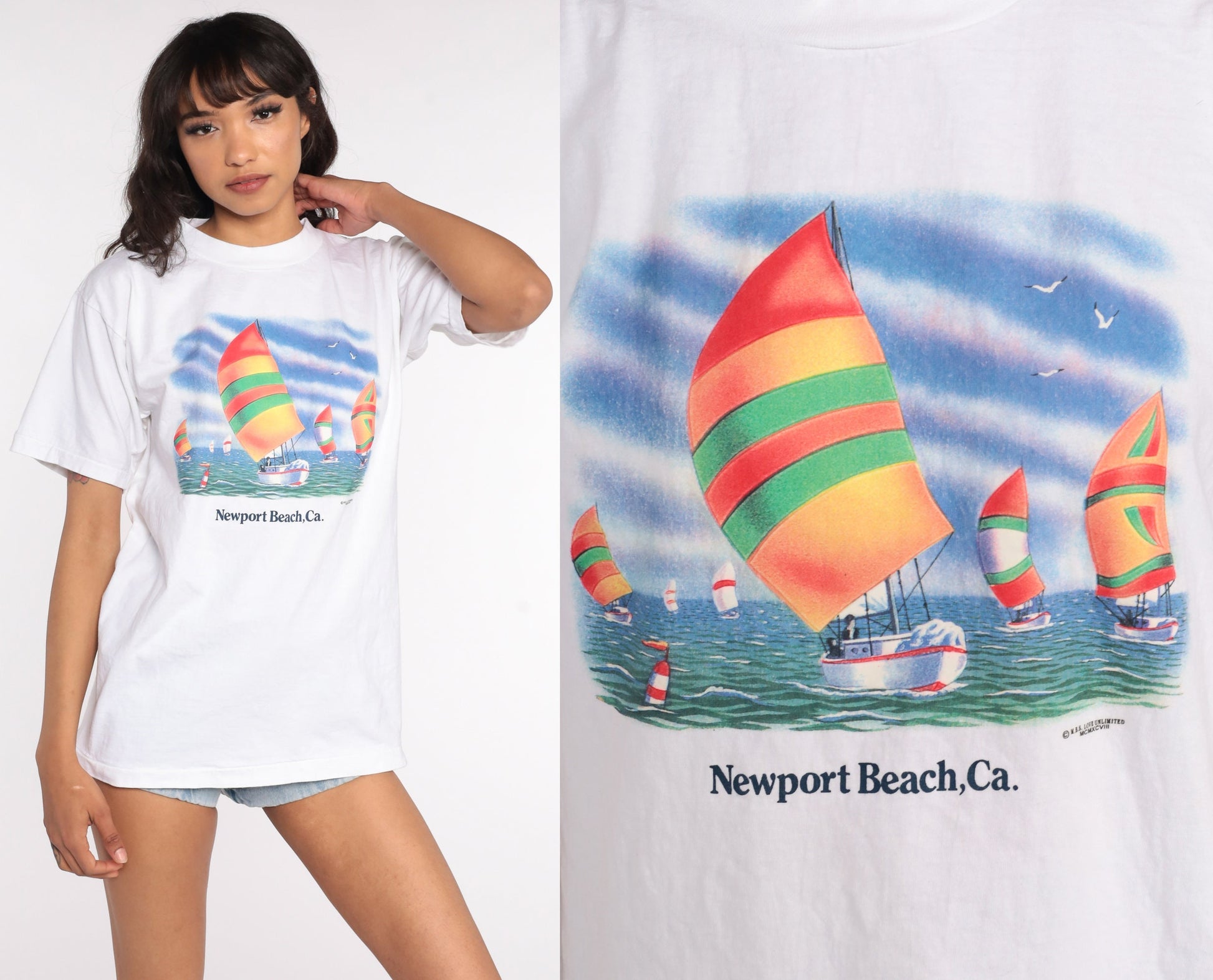 90s Newport Beach Sailboat Graphic T-Shirt California Cotton Tee Medium