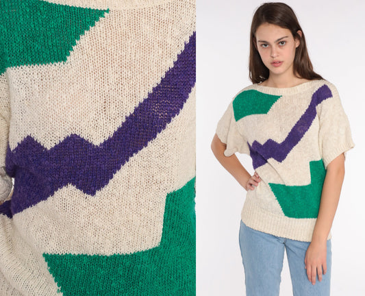80s Liz Claiborne Geometric Colour Block Knit Top Beige Green Medium