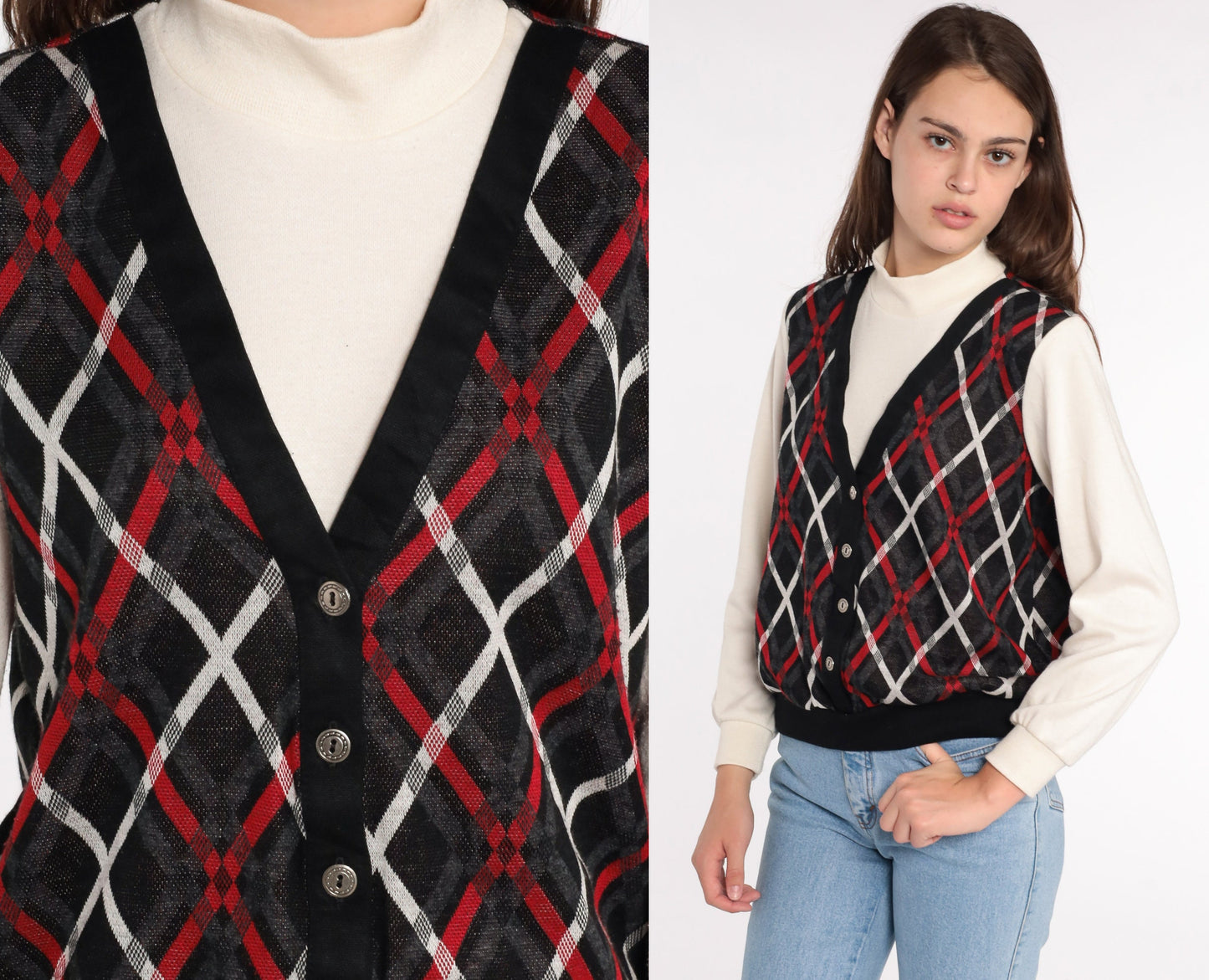 80s Plaid Mock Neck Sweatshirt with Attached Vest Small