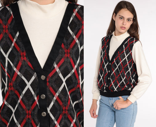80s Plaid Mock Neck Sweatshirt with Attached Vest Small