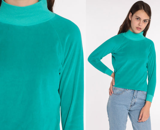 80s Teal Velour Mock Neck Long Sleeve Shirt Small