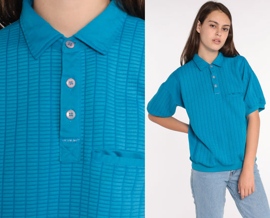 80s Blue Polo Shirt Short Sleeve Button Neck Vintage Top Large