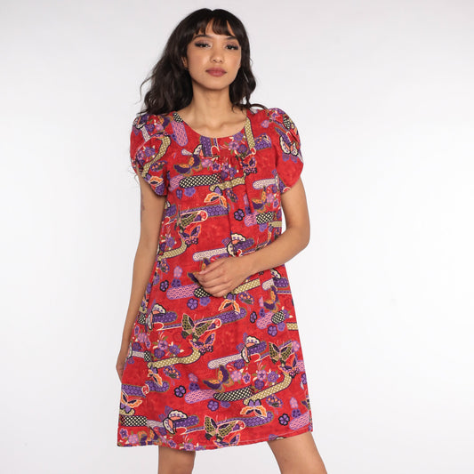 80s Butterfly Psychedelic Mini Dress Puff Sleeve Cotton Red Small