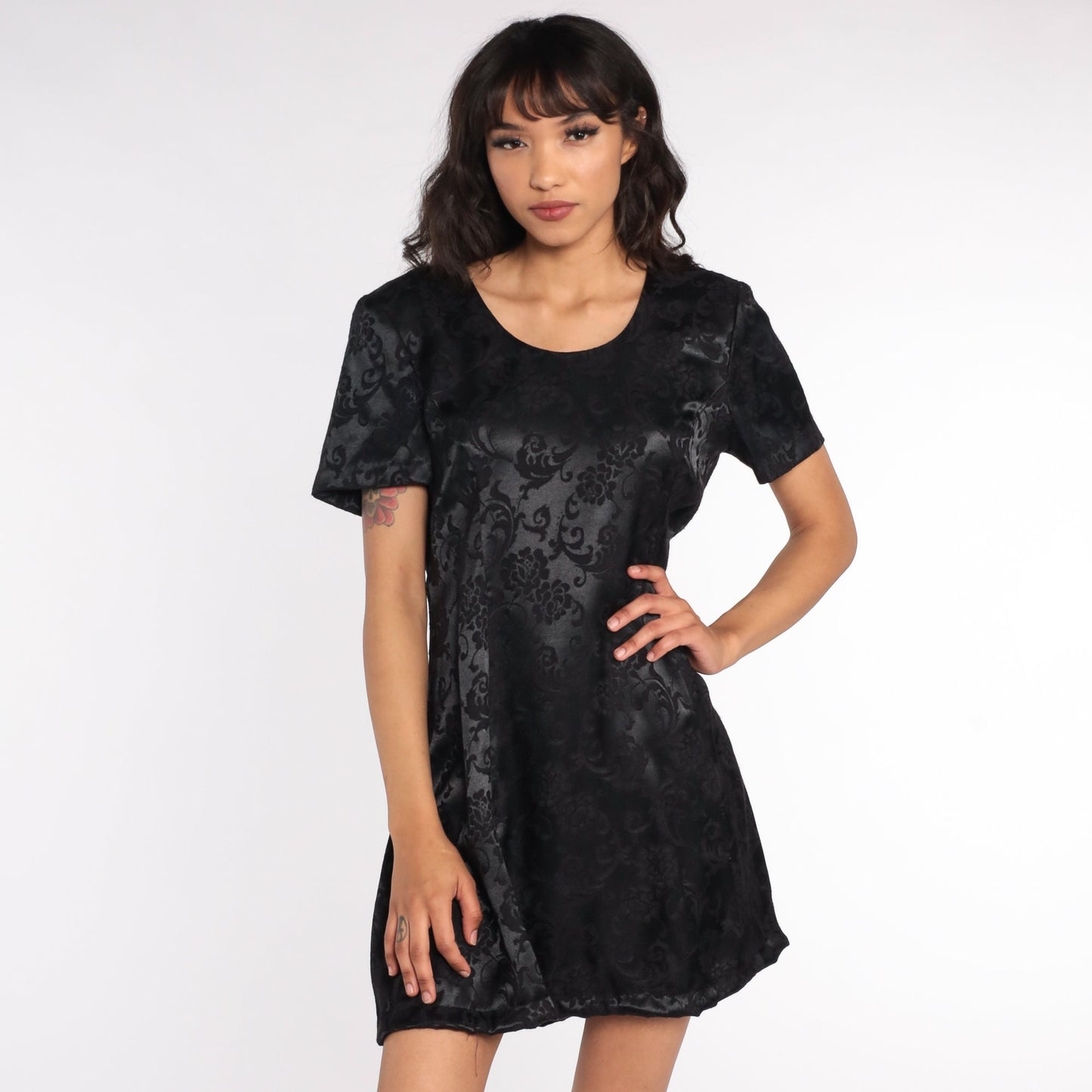 90s Black Satin Shift Mini Dress Floral Cage Back Rhinestone Medium
