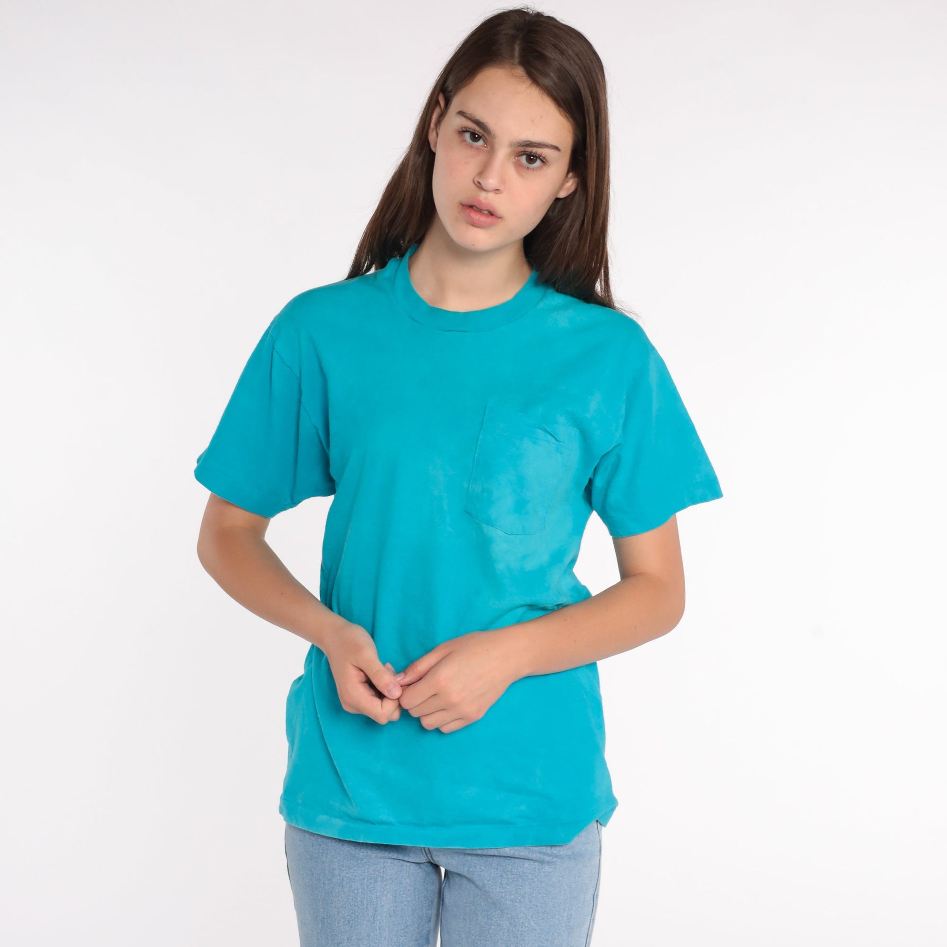 80s Blue Pocket T-Shirt Single Stitch Cotton Tee Medium