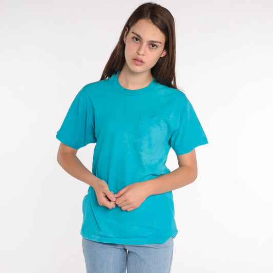 80s Blue Pocket T-Shirt Single Stitch Cotton Tee Medium