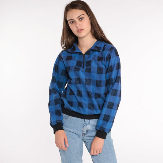 90s Buffalo Plaid Fleece Quarter Zip Jacket Blue Black Small