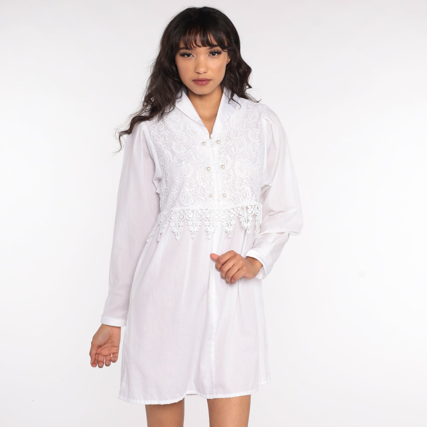 80s White Lace Mini Dress Puff Sleeve Front Zip Covenant Apparel Extra Small