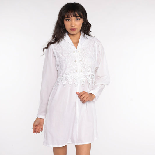 80s White Lace Mini Dress Puff Sleeve Front Zip Covenant Apparel Extra Small