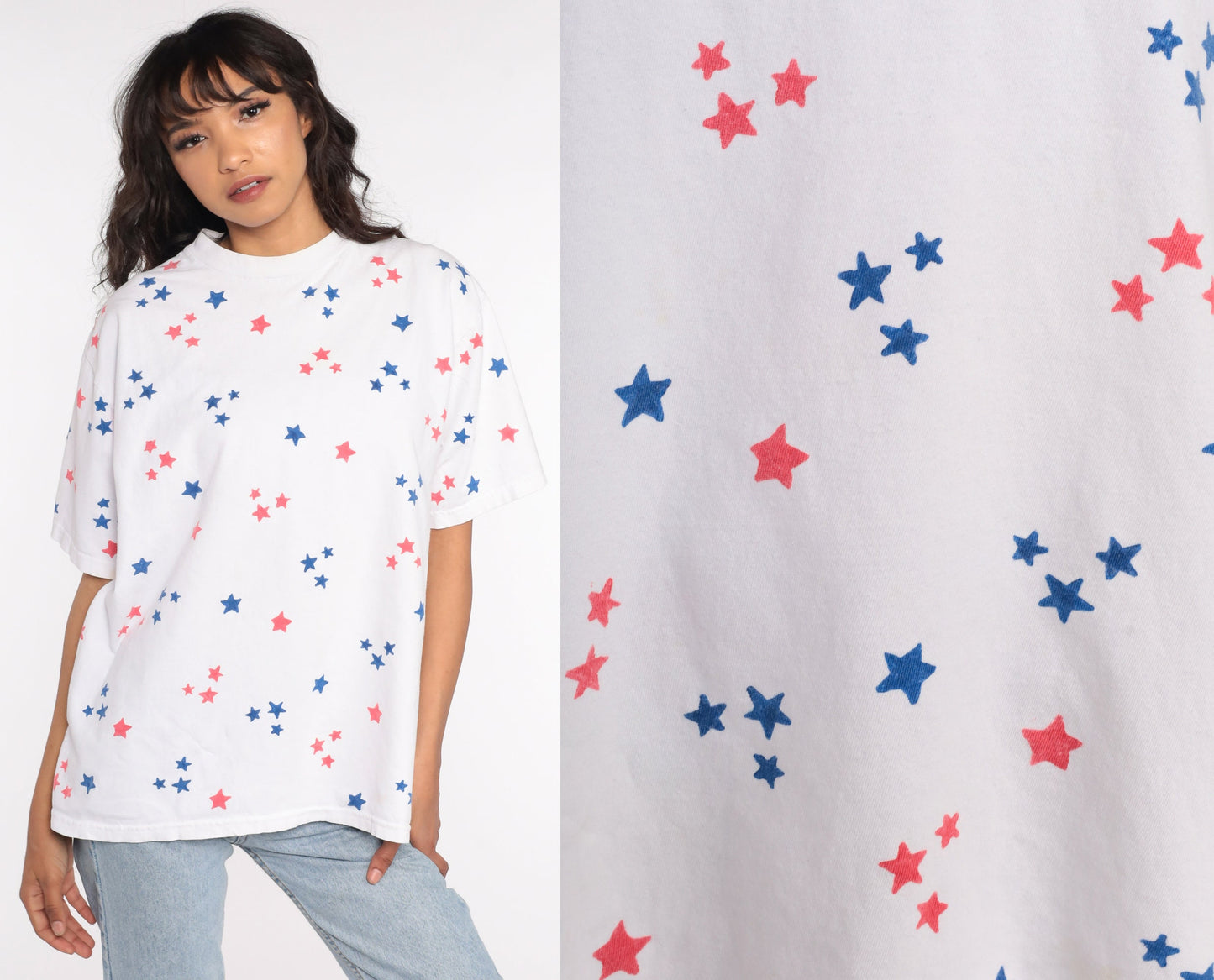 80s Star Print T-Shirt Red White Blue Geometric All Over Graphic Cotton Large