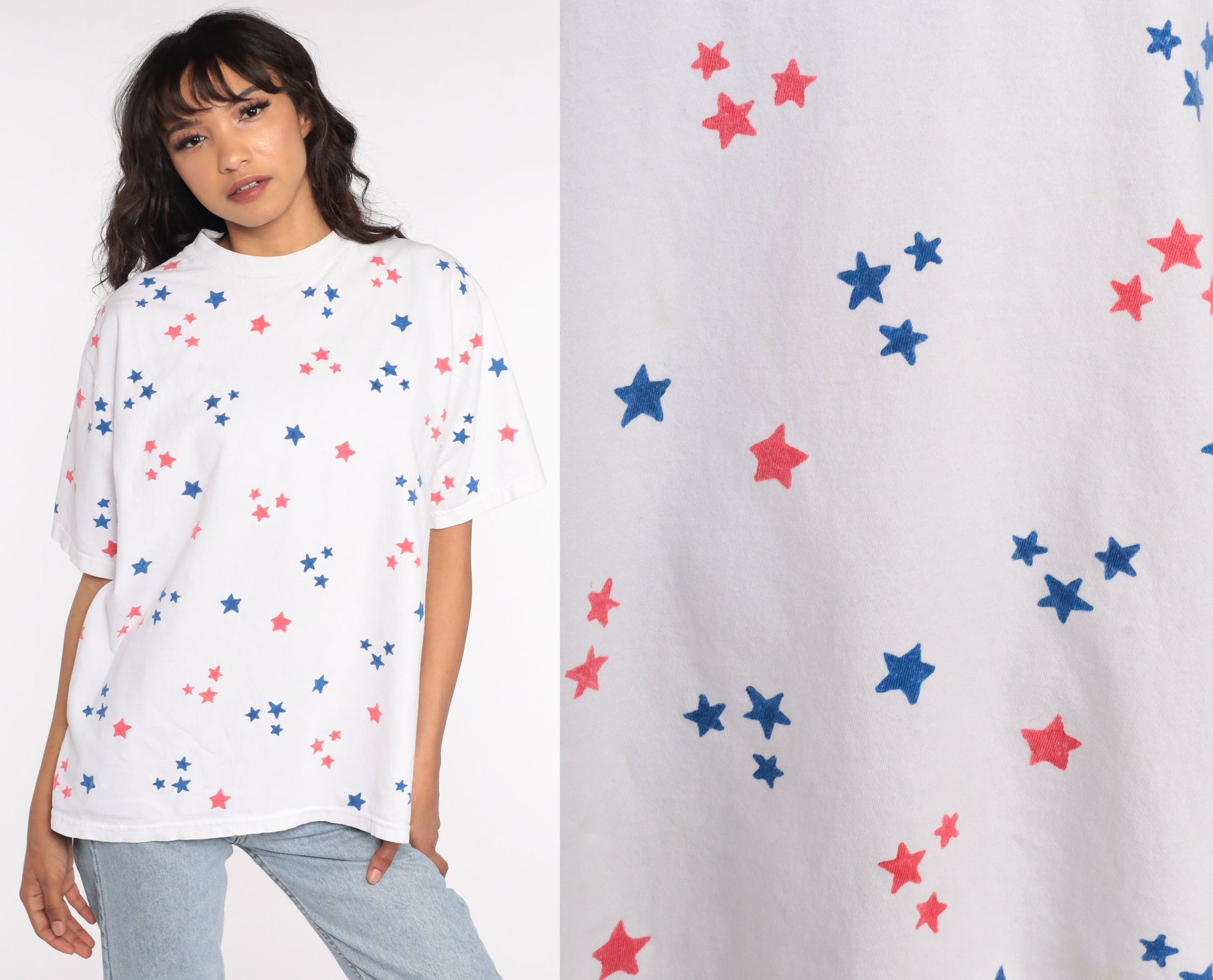 80s Star Print T-Shirt Red White Blue Geometric All Over Graphic Cotton Large