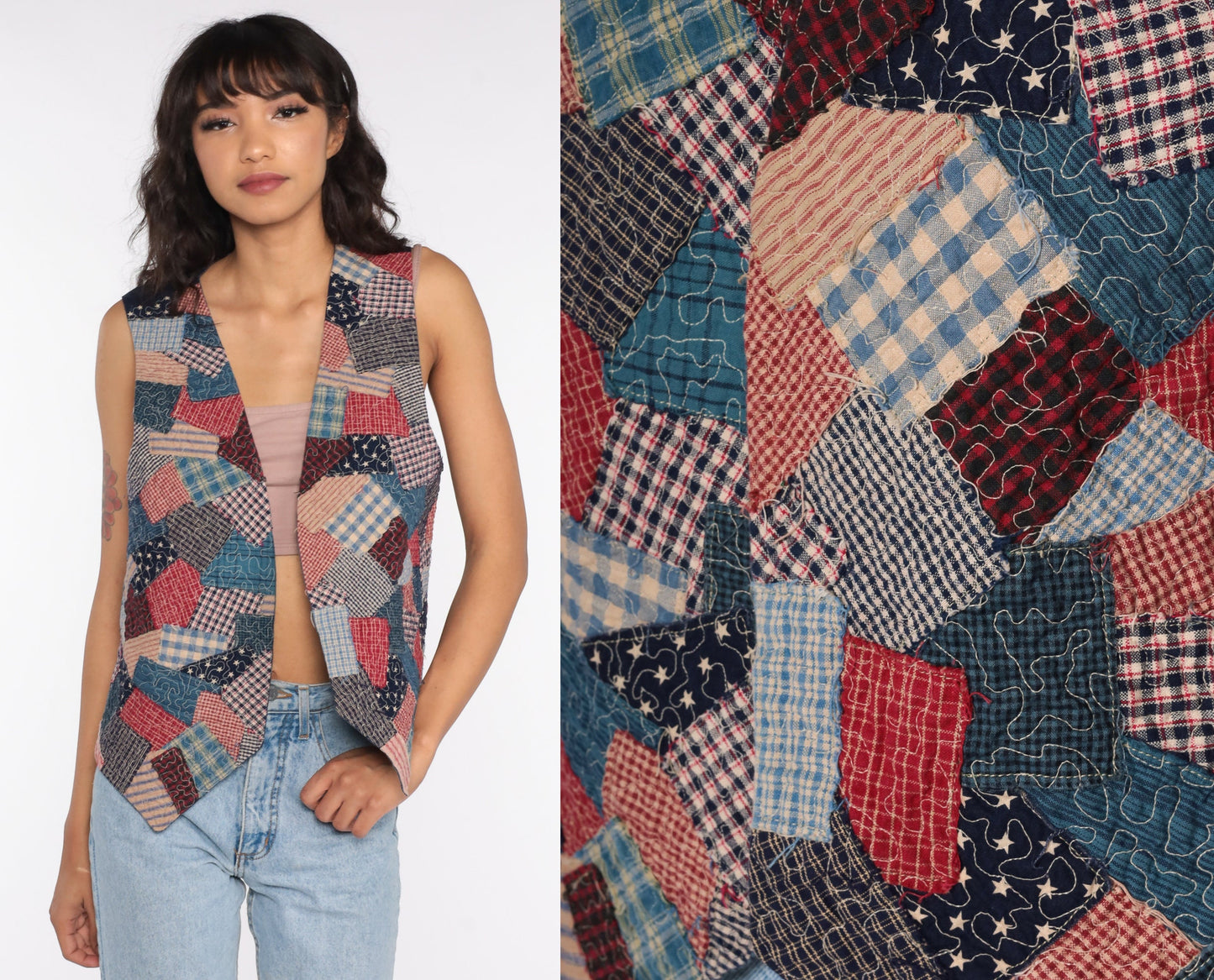 90s Patchwork Open Front Vest Top Red Blue Gingham Medium