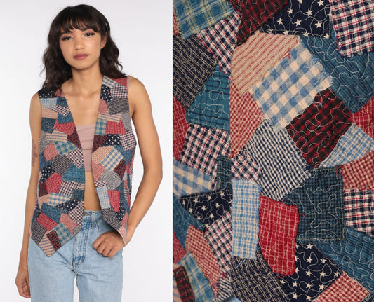 90s Patchwork Open Front Vest Top Red Blue Gingham Medium