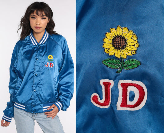 80s Bird City Kansas Satin Bomber Jacket Blue Snap Centennial XXL
