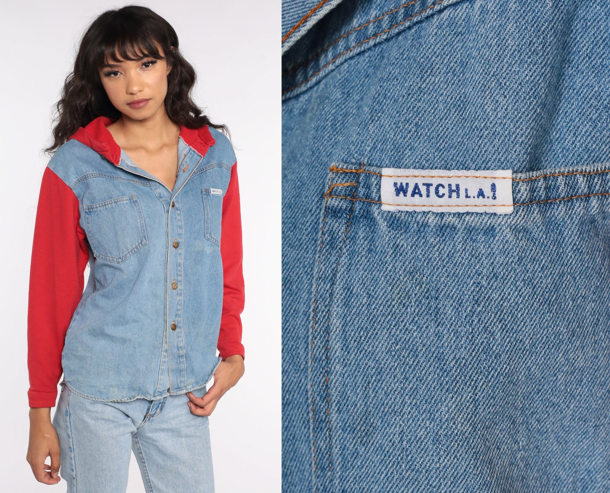 90s Blue Denim Hooded Button-Up Shirt Red Hood Cotton Small