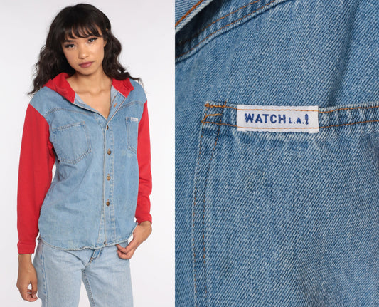 90s Blue Denim Hooded Button-Up Shirt Red Hood Cotton Small
