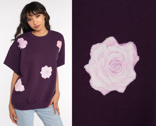80s Jerzees Floral Short Sleeve Sweatshirt Purple Extra Large XL