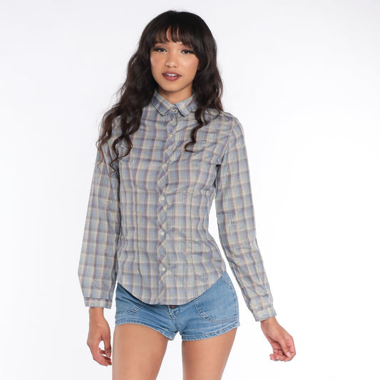 80s Plaid Blouse Metallic Stripes Button Down Long Sleeve Taupe Green Blue Small S