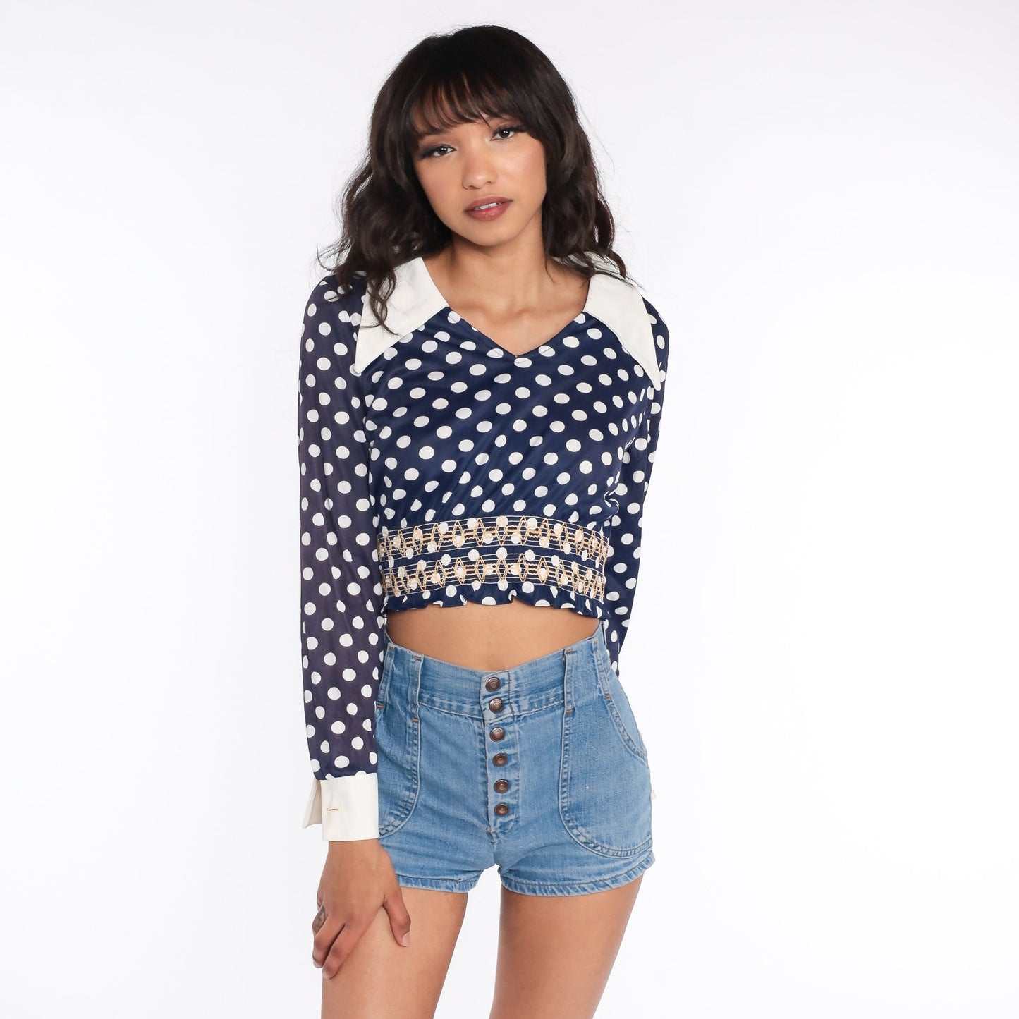 70s Blue Polka Dot Smocked Shirt Dagger Collar Long Sleeve Cropped Blouse Small