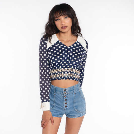 70s Blue Polka Dot Smocked Shirt Dagger Collar Long Sleeve Cropped Blouse Small