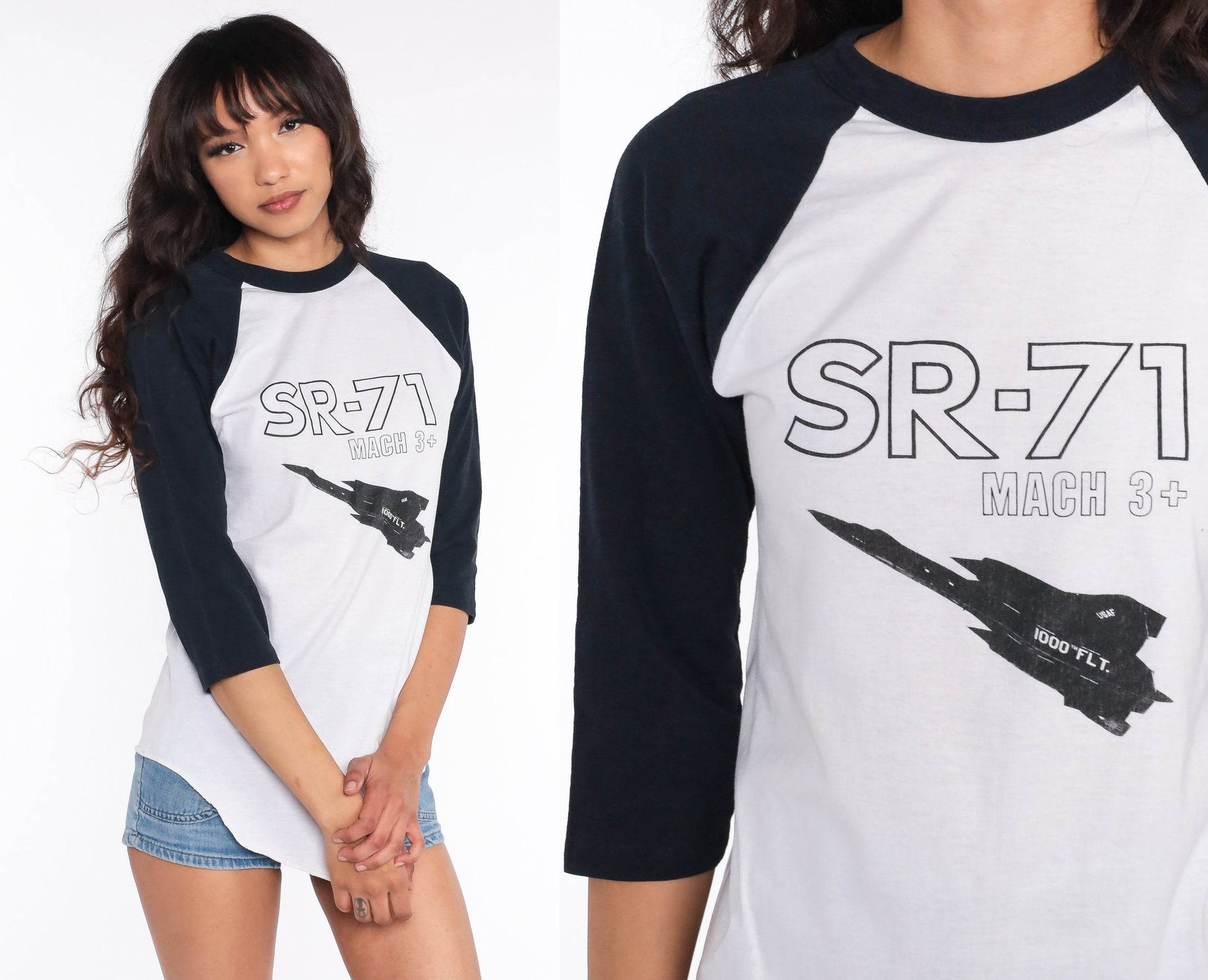 80s Lockheed SR-71 Blackbird Aircraft Ringer Tee Graphic T-Shirt White Small