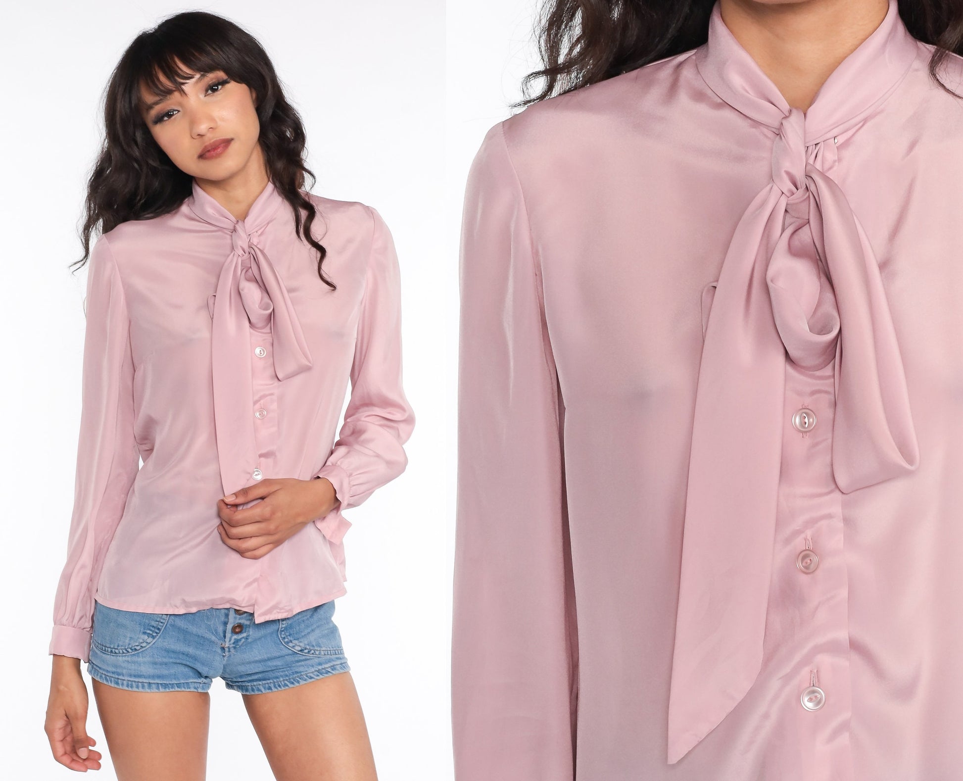 70s 80s Pink Ascot Bow Blouse Long Sleeve Button Up Medium