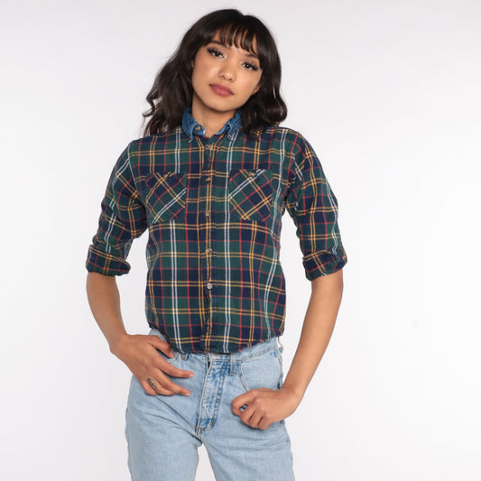 90s Plaid Flannel Shirt Denim Collar Blue Green Button Up Extra Small XS