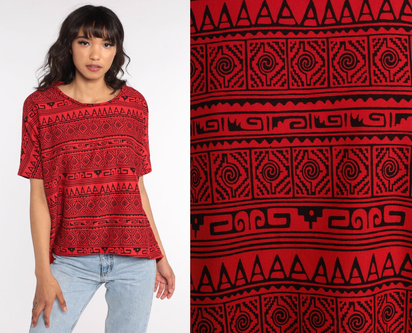 90s Geometric Diamond Print T-Shirt Red Graphic Tee Large