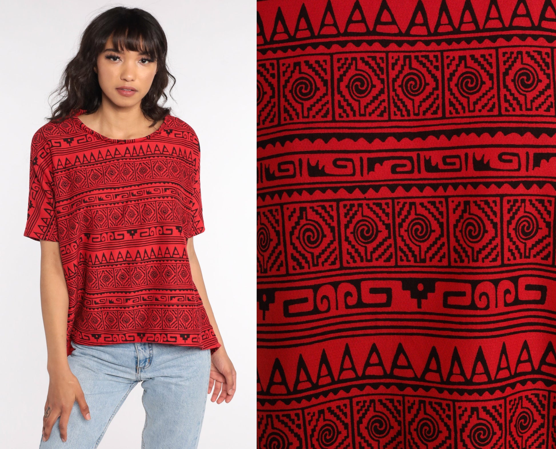90s Geometric Diamond Print T-Shirt Red Graphic Tee Large