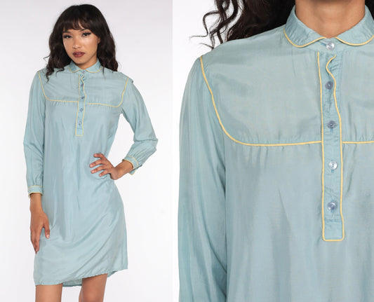 70s Blue Silk Mini Dress Peter Pan Collar Shift Long Sleeve Small