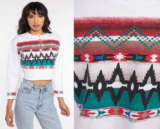 80s Southwestern Geometric Crop Top Striped Long Sleeve Cotton Medium