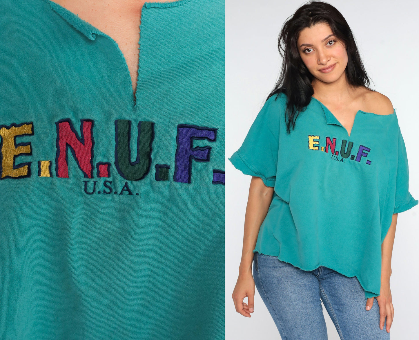 90s Enuf Rainbow Spellout T-Shirt Turquoise Green Cutoff Large