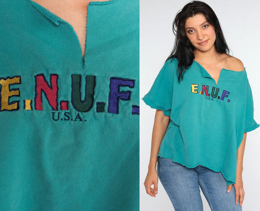 90s Enuf Rainbow Spellout T-Shirt Turquoise Green Cutoff Large