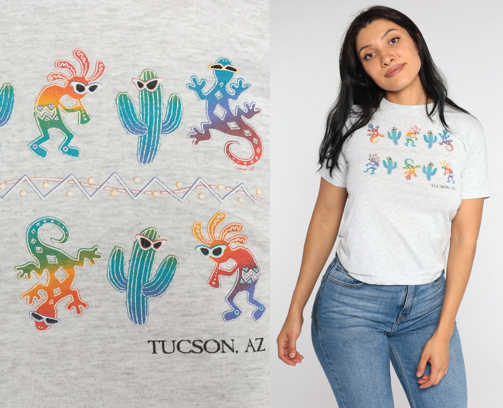 90s Tucson Arizona Kokopelli Saguaro Cactus Graphic Tee Grey Extra Small