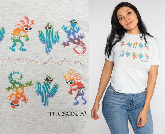 90s Tucson Arizona Kokopelli Saguaro Cactus Graphic Tee Grey Extra Small