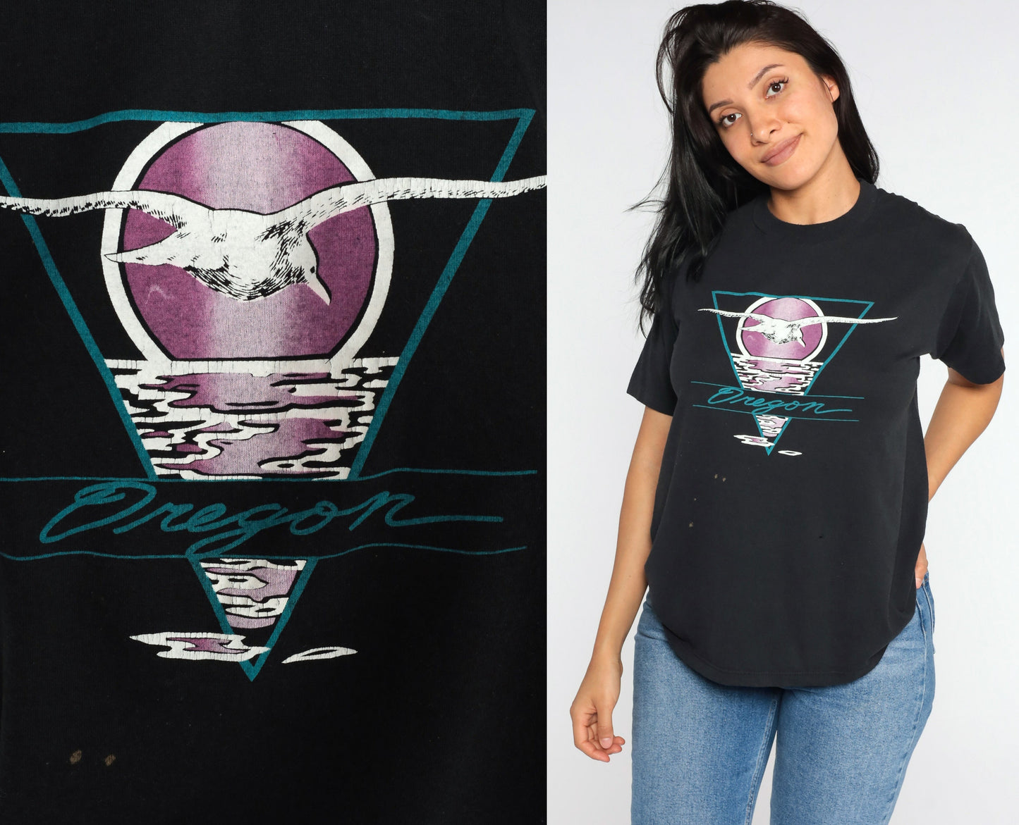 80s Oregon Seagull Graphic T-Shirt Jerzees Black Tee Medium