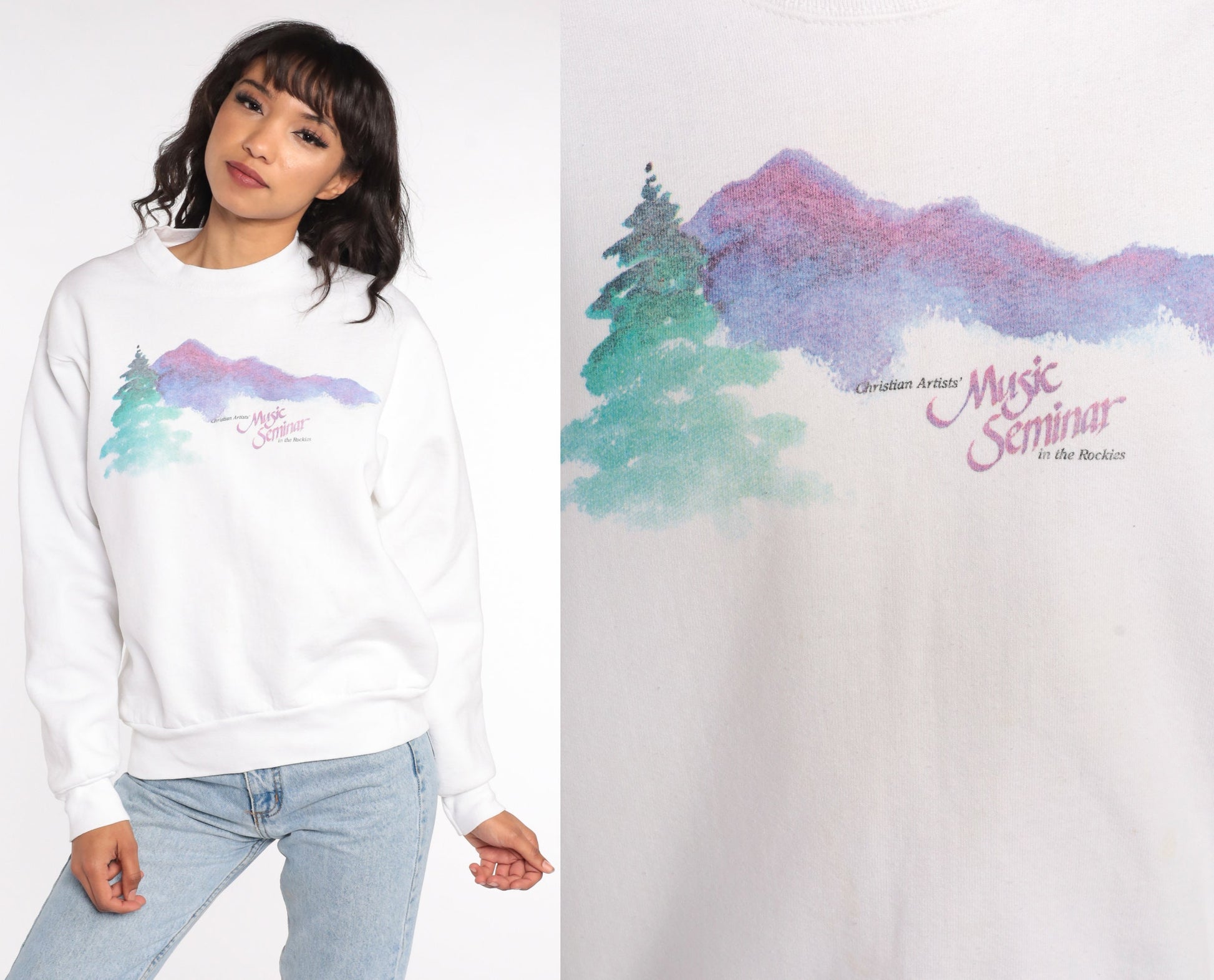 90s Christian Artists Music Seminar Rockies Sweatshirt White Graphic Pullover Medium
