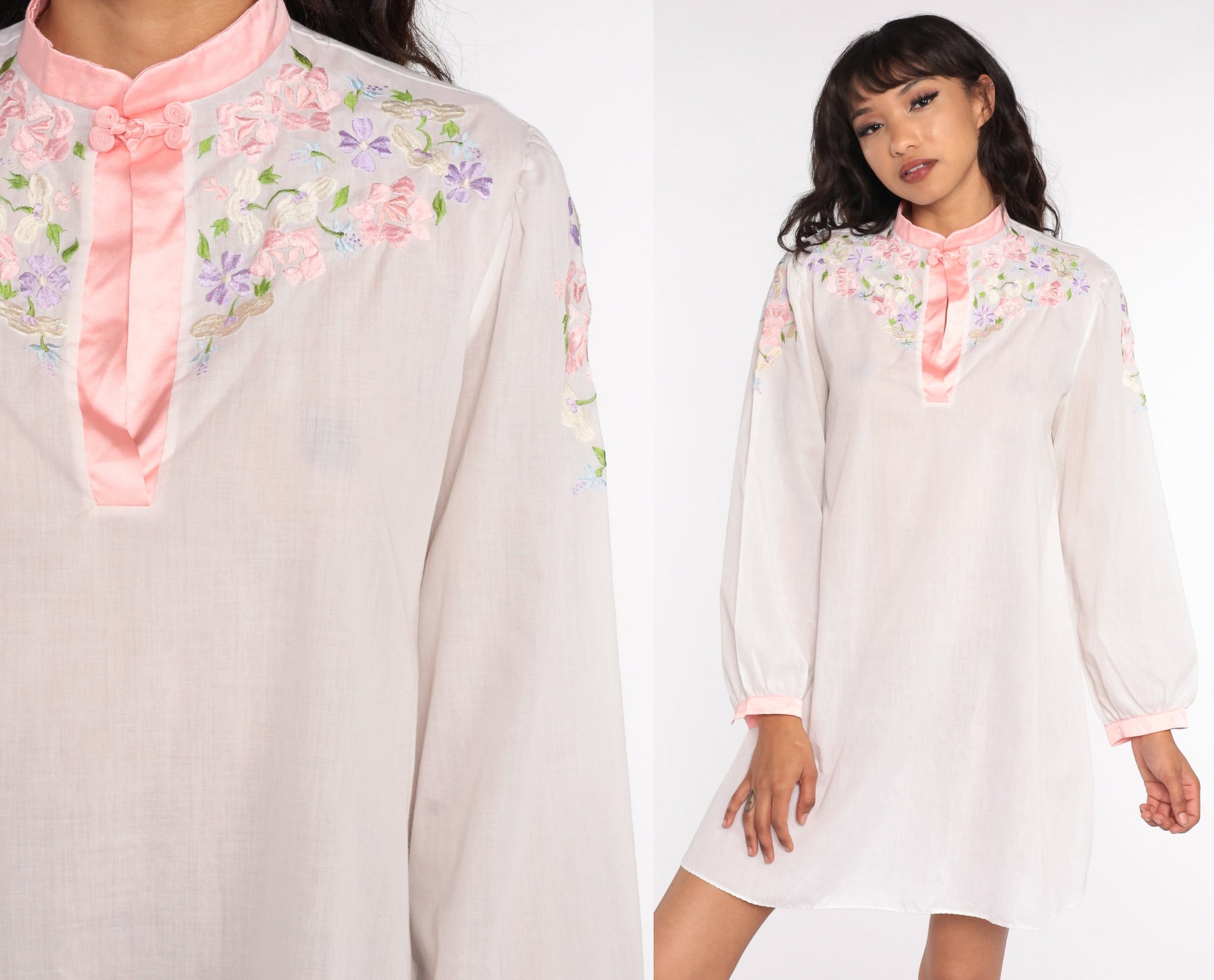 70s White Floral Embroidered Mini Dress Long Sleeve Shift Cut Small Medium