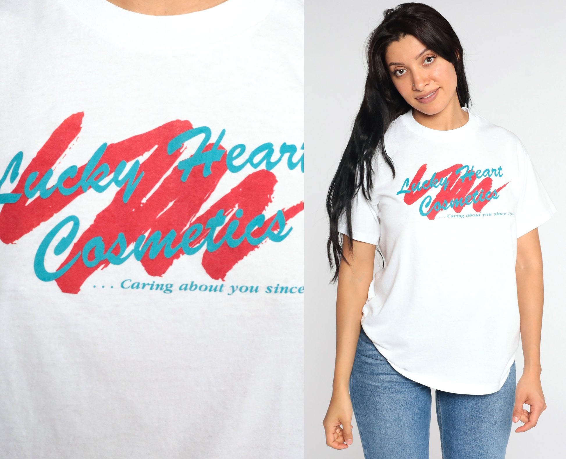 Lucky Heart Cosmetics Graphic T-Shirt Single Stitch White Vintage Tee Large