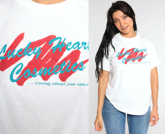 Lucky Heart Cosmetics Graphic T-Shirt Single Stitch White Vintage Tee Large
