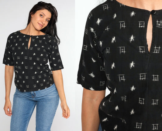 90s Geometric Black Blouse Keyhole Cutout Short Sleeve Small S