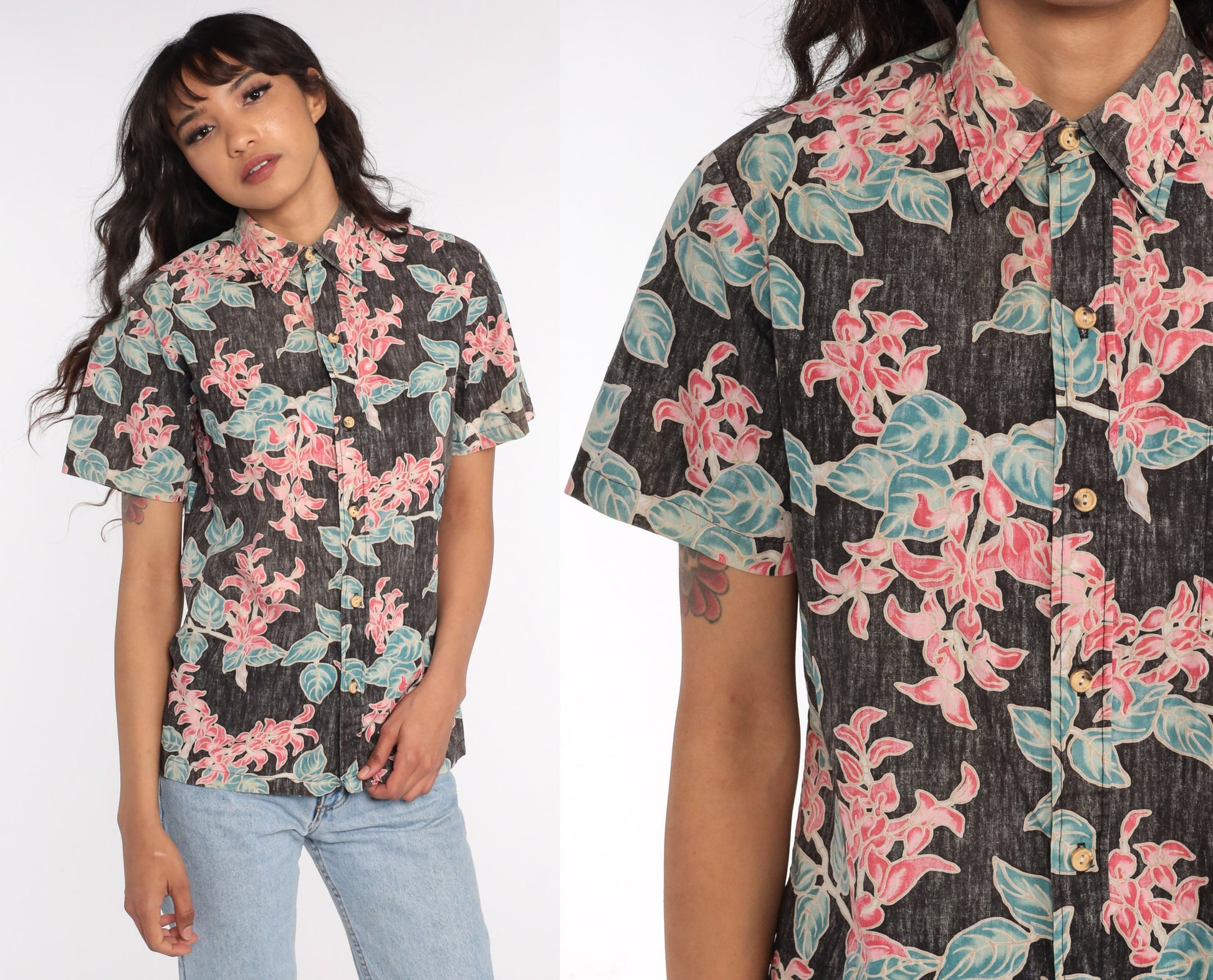 80s Cooke Street Hawaiian Shirt Tropical Floral Black Button Up Small