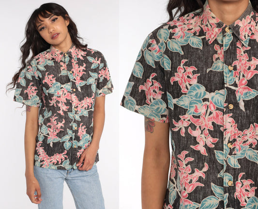 80s Cooke Street Hawaiian Shirt Tropical Floral Black Button Up Small